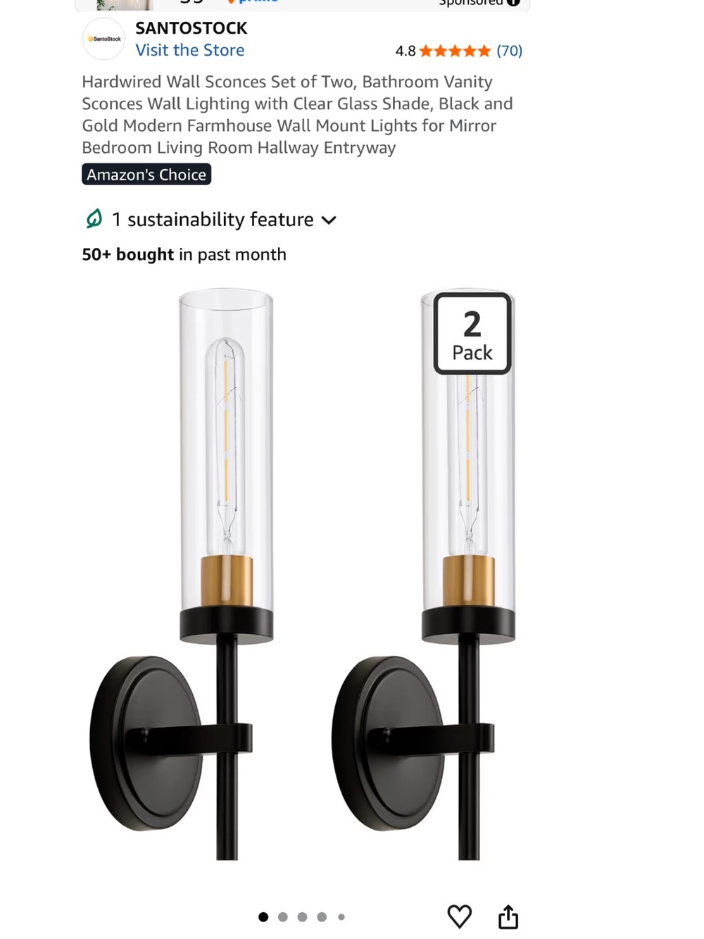 Black and Gold Wall Sconce Set of 2 - Modern Glass Cylinder